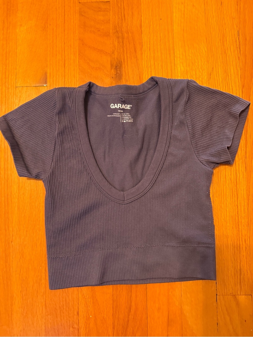 Garage Navy Ribbed V-Neck Cropped Tee